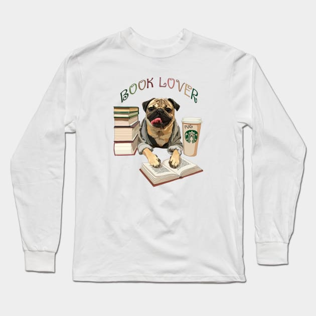 Pug book lover Long Sleeve T-Shirt by stripedbeetlee